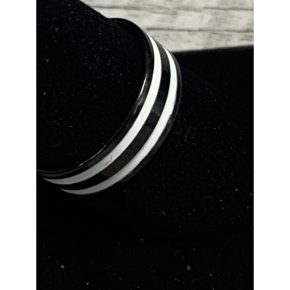Black Band Ring with Double White Enamel Stripes Size 10.25 Modern Minimalist